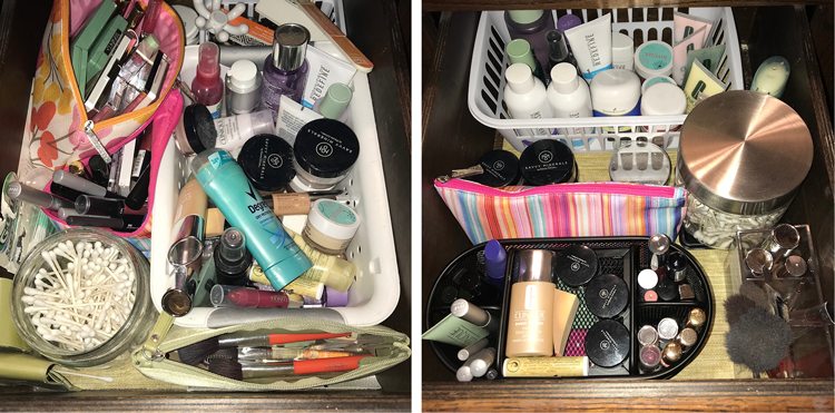 Makeup Drawer Before and After Bathroom Decluttering