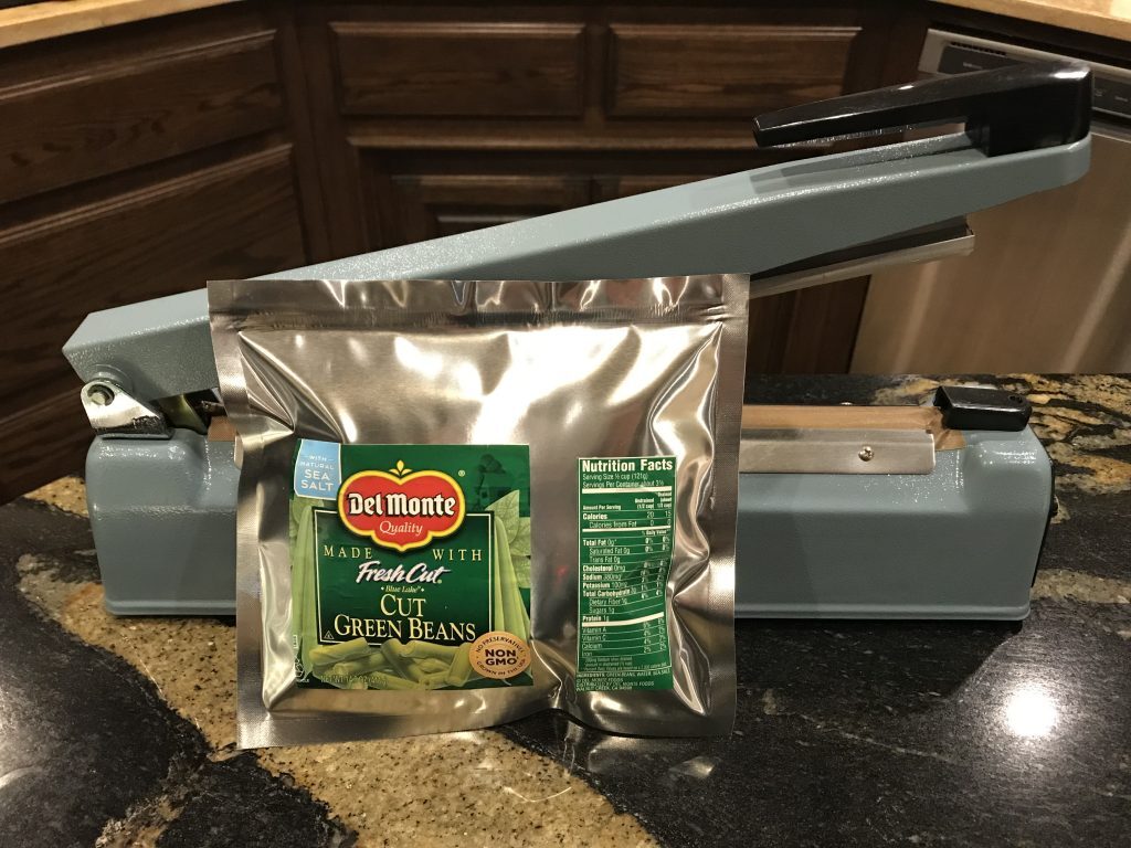 Green beans sealed in mylar bag with impulse sealer.